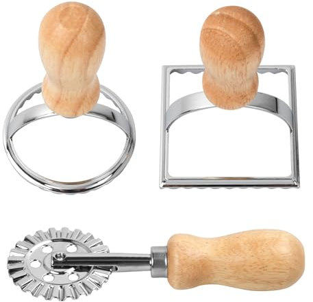 Shengxi Emporte Piece Ravioli, Coupe Ravioli Carrés et Rond en Acier Inoxydable, Moulle à Ravioli avec Manche en Bois et Bord Cannelé, Découpe Ravioles pour Pâtes Ravioli et Pâtisserie (Lot de 3)