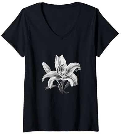 Damen Weiße Lilie, Retro, Vintage, Blumenmuster T-Shirt mit V-Ausschnitt