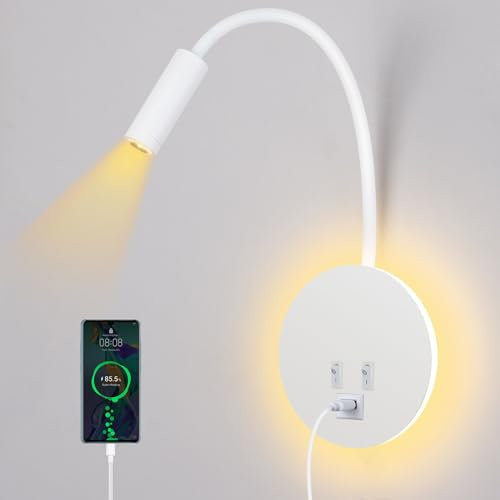 ERWEY LED Leselampe 3W+8W Schwanenhals Lampe Bettlampe Wandlampe mit Schalter und USB-Aufladung Innenbeleuchtung für Schlafzimmer Wohnzimmer Büro Hotel, Weiß