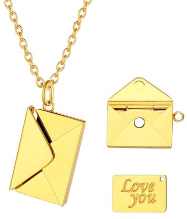 U7 Kette Umschlag Damen Medaillon mit Liebesbrief Gravur mit Nachricht,love you'' Briefumschlag Anhänger Gold Umschlagkette Halskette Edelstahl Memorial Kette Envelope Locket Schmuck für Familien