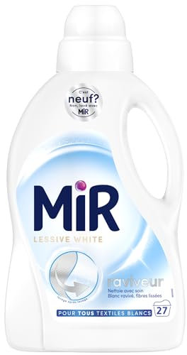 Mir, Lessive liquide White, Formule 3en1, Technologie anti-grisaillement, Ravive les couleurs clairs et le blanc, Nettoie avec soin, Lisses les fibres, Parfum longue durée, 27 lavages