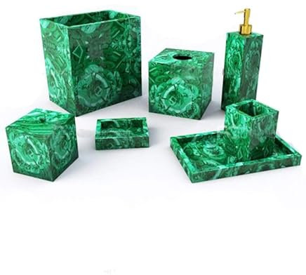 Ensemble de 7 poubelles en marbre blanc avec revêtement en pierre malachite