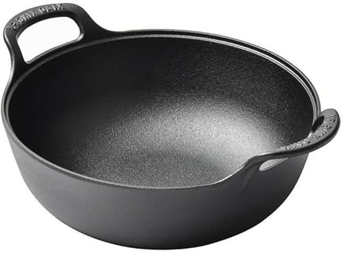 VONOTO Wok de hierro fundido con asas, wok de hierro fundido presazonado, uso en el horno, en la estufa o en la parrilla (10 pulgadas)