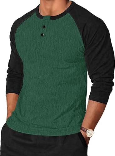 TARAINYA Longsleeve Herren Henley T-Shirt für Männer Langarmshirt Pullover mit Knopfleiste Grün Schwarz L