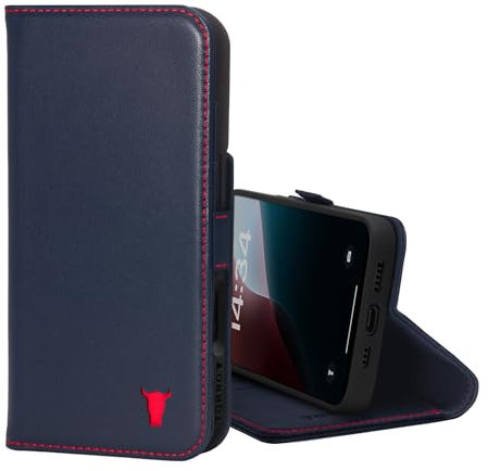 TORRO Leather Case Compatible with iPhone 16 Pro – Premium Leather Wallet Case with Kickstand and Card Slots (Compatible with Official MagSafe Chargers) - Navy Blue