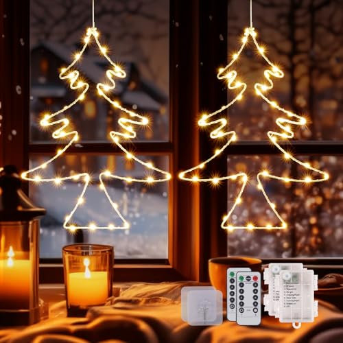 CMYK 100 LED Weihnachtsdeko Fenster, 8 Modi Weihnachtsbaum Weihnachtsbeleuchtung mit Fernbedienung & Timer, Batterie Fensterbeleuchtung Weihnachten mit 2 Klebehaken für Innen Fenster Wand(2 Stück)