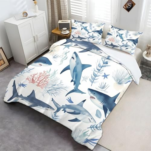 Haie auf dem Meeresboden Bettwäsche Farbe Moderne Bedruckte Bettbezüge mit Reißverschluss und 80x80cm Kissenbezug 230 x 220 cm für Kinder, Jungen Teenager Sport Bettbezug