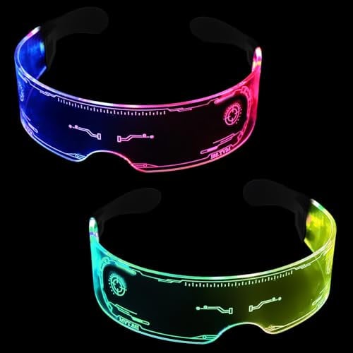 Lunriwis 2 Stück Cyberpunk LED Brille, LED Glow Brille, Party Glow Brille, Party Futuristic Tech Brille mit Batterien, Neon Party Glitter Brille für Cyberpunk, Partybrille, Musikfestival