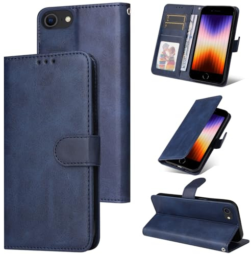 E-Lush Handyhülle für iPhone SE 2022 Hülle/SE 2020 Hülle, iPhone 8 Hülle Klappbar iPhone 7 Leder Klapphülle Flip Wallet Case mit Kartenfach 360 Stoßfeste Schutzhülle mit Standfunktion, Blau