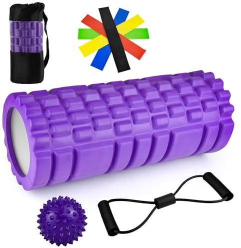 Foam Roller Kit 9 in 1 Rouleau de Massage Rouleau Massage Dos Musculaire Pilates Jambes Nubs Exercice Jambe avec Balle de Massage,Bandes de Résistance, pour Massage Profond des Muscles 33x14cm Violet