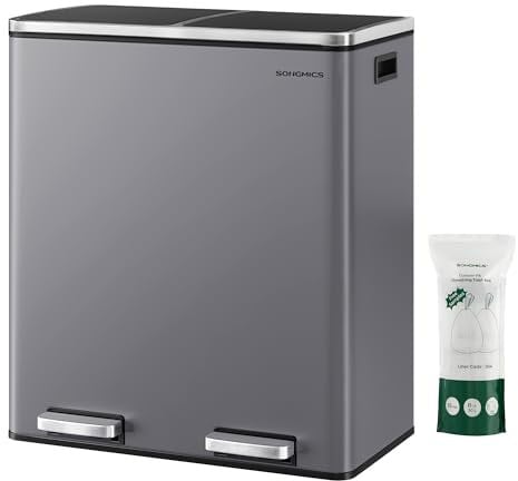 SONGMICS Poubelle à Double Compartiment 2 x 30 L, avec 15 Sacs Poubelles, Pédales en Métal, 2 Seaux Intérieurs en Plastique, Couvercles, Poignées, Fermeture en Douceur, Gris Ardoise LTB060G01