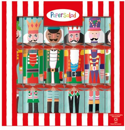 Penny Kennedy Paper Salad Designed Christmas Crackers - Nutcracker Design - Tray of 6 x 12 Inch - Eco Friendly Plastic Inside - Luxury Deluxe Christmas Crackers