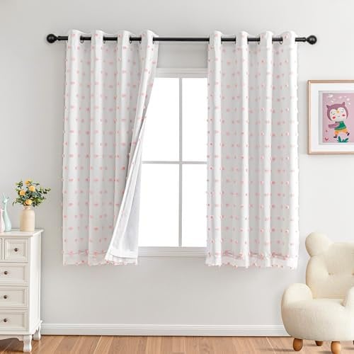 MYSKY HOME Gardinen Kinderzimmer Mädchen Vorhänge Kurz Rosa Pompons —— Verdunkelungsvorhang mit Ösen Thermo Vorhang Gegen Hitze für Wohnzimmer Schlafzimmer, H 175 x B 140 cm, Rosa