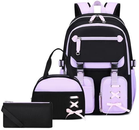 Tanou Schulrucksack Mädchen Teenager, 3-teilig Lässiger Schulranzen für Mädchen mit Lunchpaket Mäppchen, Stilvoll Mehrere Fächer Kinder Schultasche Casual Daypack, Lila