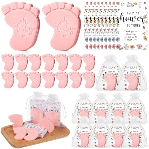 Dimsile 50 Sets Babyparty-Seifengeschenke für Gäste – Mini-Handgefertigte Fußabdruck-Duftseife mit Dankeskarten und Organza-Beutel, Partygeschenke für Geschlechtsoffenbarung, Taufdusche (Rosa)