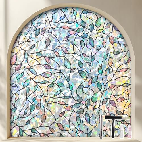 KROMAPOLIS Fensterschutzfolie Regenbogen Botanisches Blatt Fensterfolie Anti UV Floral Grünes Blattmuster Dekorativ Statisch Selbstklebend Für Büro Küche Wohnzimmer Schlafzimmer (60 * 200cm)