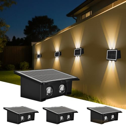 SMY Lighting 4Pack Bright 2LED Solar Fence Lights Outdoor, Dual Light Up and Down Lights, Auto On/Off, IP65 Waterproof Solar Wall Light, Warm White Solar Powered Fence Light for Patio Pathway