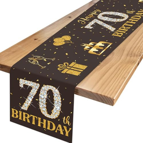 Tischläufer 70. Geburtstag Schwarz Gold, Happy Birthday 70 Tischdecke mit Diamanten, Tischdeko Geburtstag für Männer Frauen 70 Geburtstagsdeko, Tischdekoration 70 Jahre