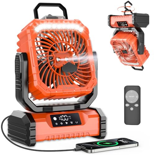 Ventilatore Campeggio con Luce LED, 20000mAh Ventilatore Nebulizzatore Portatile Ricaricabile con Gancio e Telecomando, Ventilatore USB Scrivania per Esterno Tenda Spiaggia Allaperto - Arancione