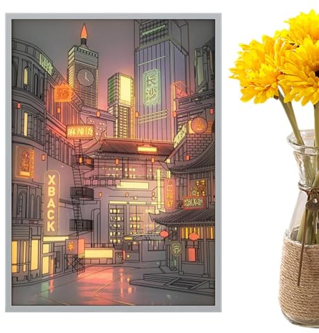 LED City Painting – Lighted Wall Art, Dimmable Frame Painting | Illuminated Night View Picture, USB Plug-In Decor for Living Roo, Bedroom Study Entryway Kids' Room Romantic Ambience Housewarming