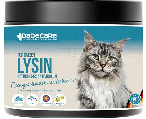 Lysine 300g pour Chats – Supplément en Poudre à l’arôme de Poisson – avec Échinacée, Vitamine C et Zinc – Soutien nutritionnel des défenses Naturelles – pour Chats Jeunes et Adultes
