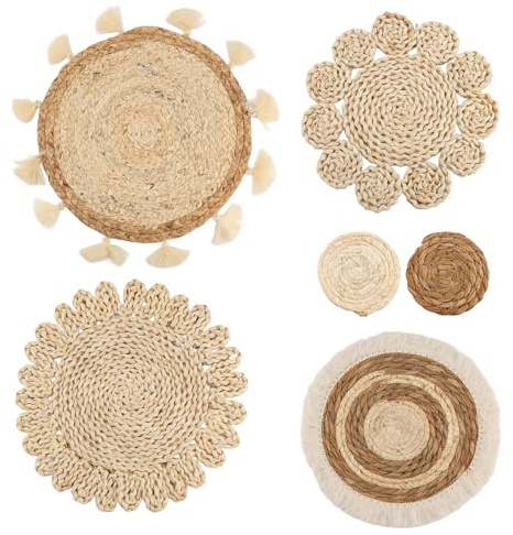 Happysnow 6-Teiliges Boho-Wandkorb-Set, Geflochtene Rattan-Flachkörbe, Wandbehang, Handgefertigte Quasten, Blumen-Wandkörbe, Sofa-Nachttisch-Dekorationen