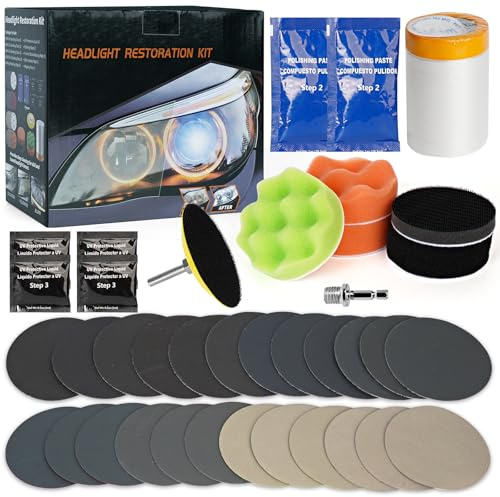 38 Stück Scheinwerfer Aufbereitung Set, Scheinwerfer Polierset Kit zur Wiederherstellung Stumpfer Verblasster Scheinwerfer mit Adapter & 24 Schleifscheiben