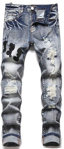 Generisch Pantaloni in denim impilati da uomo Destroyed Stretch Jean Jeans Slim dritti in denim, vestibilità aderente, Y2K Streetwear