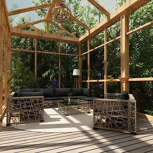 QJBSAVVA 10-TLG. Gartenmöbel-Set Rattan Grau 70x70 cm Modernes Loungemöbel-Set modulare Outdoor-Sitzgruppe mit Tisch und Auflagen für Garten Terrasse Balkon