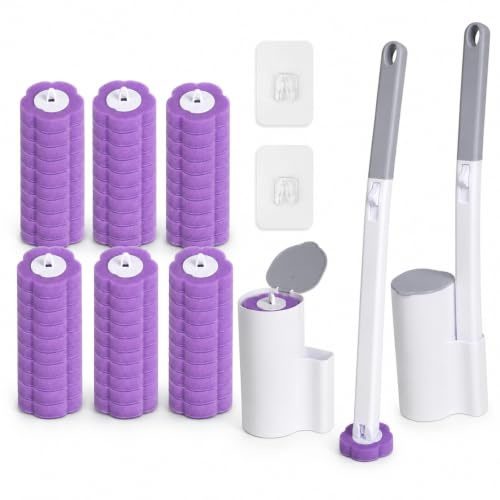 Einweg Toilettenbürste, 2-teiliges wc bürste Set mit verlängertem Griff und Halter. Klobürste mit 54 Stück Reiniger Nachfüllungen, für Reinigen von Badezimmern, Badewannen, Waschbecken, Böden (Lila)