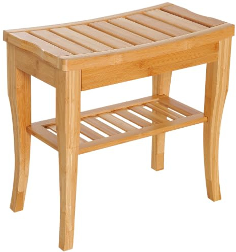 HOMCOM Duschhocker Badhocker mit Ablage Bambus Natur 47,5 x 26 x 44,5 cm | Duschsitz, Duschstuhl, Badstuhl, Badregal