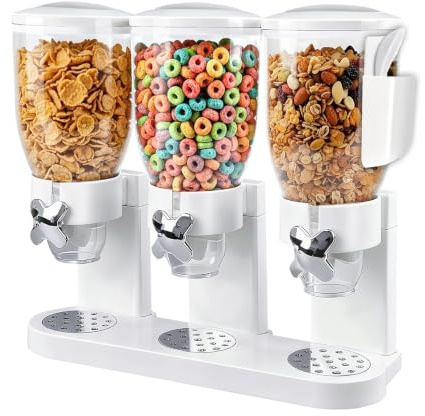 2L 3er Cereal Dispenser, Zerkleinert Keine Cerealien Beim Ausgeben, Dreifacher Müsli Verteiler mit 2 Aufbewahrungsboxen 6 Etiketten & 2 Löffel für Müsli Reis Körner Süßigkeiten Kaffeebohnen