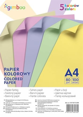 Gimboo Buntpapier Pastell 100 Blatt A4/ 80 gsm/Farbmischung aus 5 Pastellfarben/Farbpapier Tonpapier Bastelpapier/Papier für Dekorieren/für DIY Kunst Handwerk