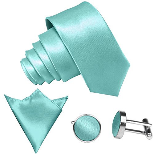 GASSANI 3-SET Krawattenset, 8,5Cm Breite Mint-Gruene Herren-Krawatte Schmal Manschettenknöpfe Ein-Stecktuch, Bräutigam Hochzeitskrawatte Glänzend