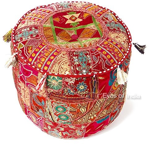 Eyes of India - 17 X 12 Small Red Patchwork Round Ottoman Pouf Pouffe Cover Floor Seating Indian Bohemian Accent Boho Chic Handmade