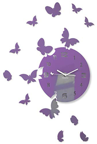 FLEXISTYLE z4g-8b Große Moderne Wanduhr Schmetterling rund 30cm, 15 Schmetterlinge, Wohnzimmer, Schlafzimmer, Kinderzimmer, Produkt in der EU hergestellt (Lila (Milka))
