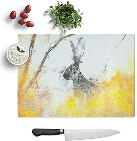 Glass Chopping Board - Alert Hare in The Meadow in Abstract - Textured Worktop Saver Cutting Board - Heat Resistant, Shatterproof and Hygenic - 39 x 28.5 cm