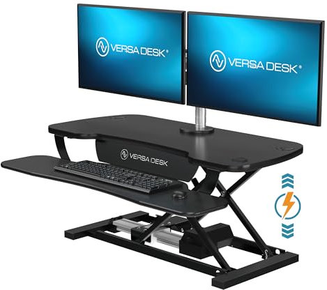 VERSADESK PowerPro™ Elektrischer Stehtisch-Konverter, höhenverstellbar, Sitz- und Stehpult-Erhöhung, Laptop- und Dual-Monitor-Desktop-Arbeitsplatz mit breiter Tastaturablage und USB-Anschluss, Schwarz
