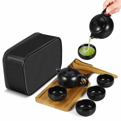 Flexzion Chinese Japanese Vintage Kungfu Gongfu Tea Set Portable Travel Teapot, (Matte Black) Porcelain Ceramic Tea Pot, 4 Tea Cup, Bamboo Tea Tray, Tea Mat, Portable Travel Bag