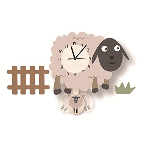 SWECOMZE Kinder-Wanduhr, Wanduhr aus Holz, Uhr ohne Tickgeräusche, Lautlos Uhrwerk, Kinderuhr, Wanddeko für das Kinderzimmer (Schafe)