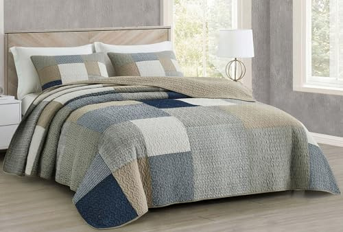 Chezmoi Collection Addy 3-teiliges Patchwork-Steppdecken-Set, Marineblau, weiß, grau, Taupe, vorgewaschene Baumwolldecke – leichte Wende-Tagesdecke, King Size