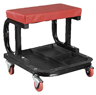 Cofan Beweglicher Werkstatthocker | mit Rollen und Werkzeugablage | Bequeme Aufbewahrung für mechanische Werkstatt Mobiler Arbeitssitz (395 x 390 x 140 mm), schwarz/rot, Klein