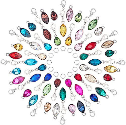 SUNNYCLUE 1 Box 48 Stück 12 Farben Legierung Glas Anhänger Kristall Geburtsstein Charms Facettierte Tropfen Würfel Perlen Pferdeauge Träne Mit Karabinerhaken Eisen Biegeringe Zum Basteln