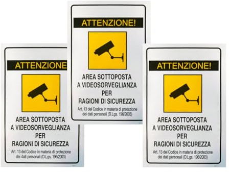 Cartello Attenzione Area Videosorvegliata per Ragioni di Sicurezza, per Locali e Proprietà Privata, Segnaletica con Nastro Adesivo 20 x 30cm, 3 Pezzi
