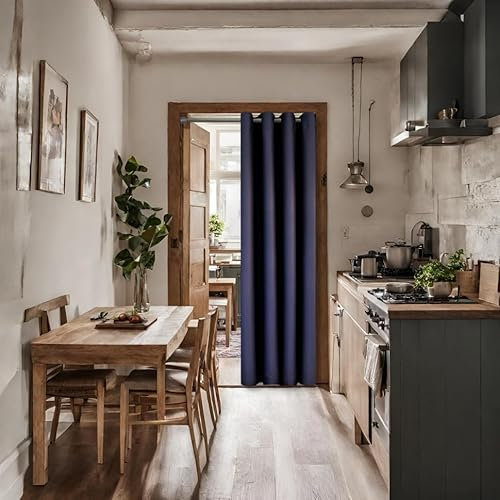 tinycurtains, Türvorhang mit Vorhangstange & Magneten zum Abdichten, einfache Montage ohne Bohren in 1 Min (195 x 150 cm blau + Stange Silber 70–120 cm + 6 Magnete)