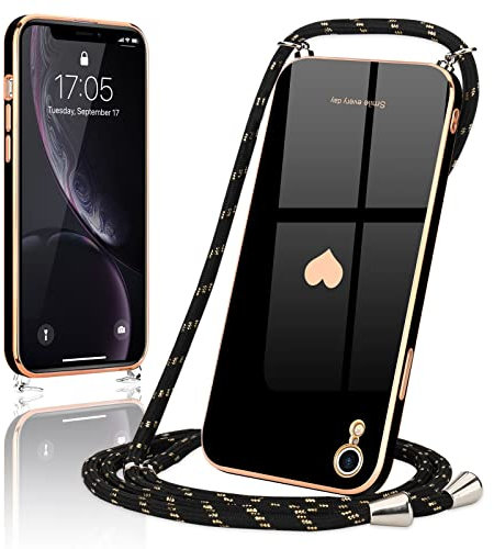 Wirvyuer Handyband Kompatibel mit iPhone Xr Handyhülle Necklace Hülle mit Band zum Umhängen Kameraschutz Liebesherz Schutzhülle mit Halsband Galvanik Silikon Umhängetasche für iPhone Xr Schwarz