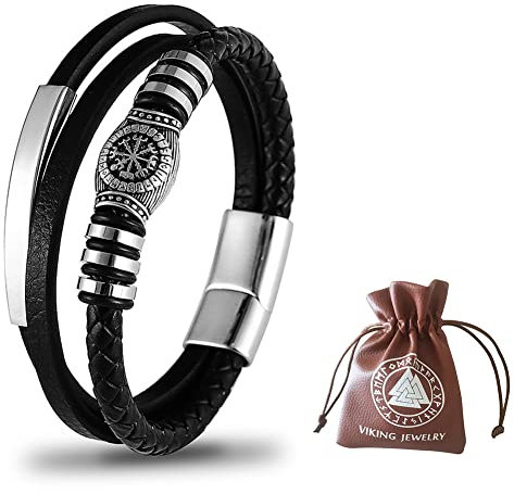DPGOLDP Wikinger Leder Armband Edelstahl Vegvisir Magnetverschluss Nordischer Herren Amulett Schmuck(Inklusive Geschenktüte)