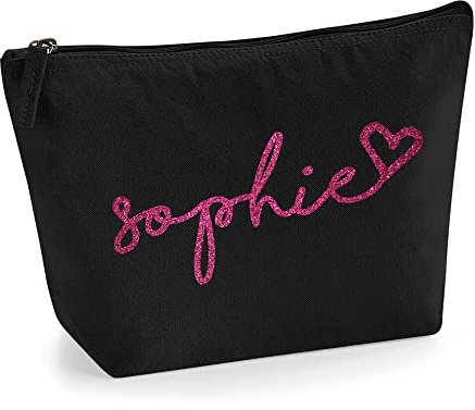 Personalisiert Handgeschriebener Name Initialen Text Kosmetiktasche Damen Schminktasche für Handtasche Makeup Tasche - Glitter oder Flocke Material Druck - Rosa Glitzer - M | Schwarz