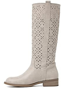 QUEEN HELENA Stivali Traforati Semplici Classici con Tacco Basso Donna X28-106 (Beige, Sistema Taglie Calzature EU, Adulto, Donna, Numero, Media, 38)