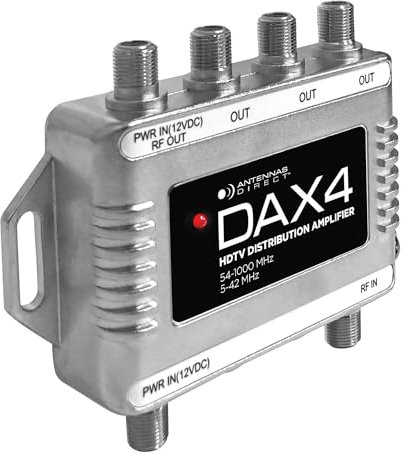 Antennas Direct DAX Amplificador de distribución de antena de TV de 4 salidas, salida a 4 televisores, sistemas CATV, listo para 4K 8K, con fuente de alimentación, cable coaxial (plata)